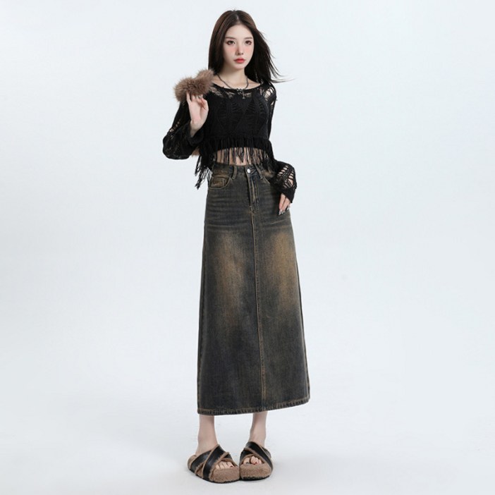 POMTOR 데님 스커트 데일리 빈티지 캐주얼 롱 청 치마 POMTOR 데님 스커트 데일리 빈티지 캐주얼 롱 청 치마