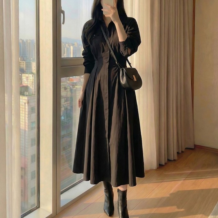 글램디브 키트안 카라 셔츠 플레어 롱원피스 AI1665