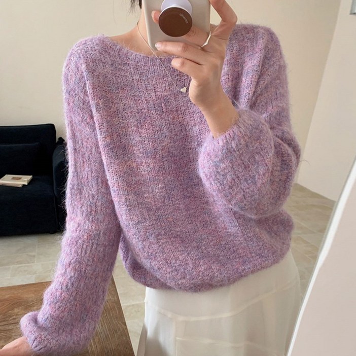 여성용 라운드넥 파스텔 벌룬 니트 루즈핏 스웨터 긴팔 티셔츠