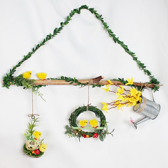 [Her1088] 자작나무위 초록잎과 병아리 개나리 모빌 가랜드 봄인테리어소품 노란인테리어