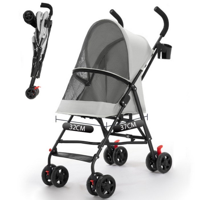 반려동물 베이직 원터치 폴딩 유모차 강아지유모차 접이식 탈부착 대형 고양이 유모차 보호 야외 산책/여행 적합, 1개, 그레이