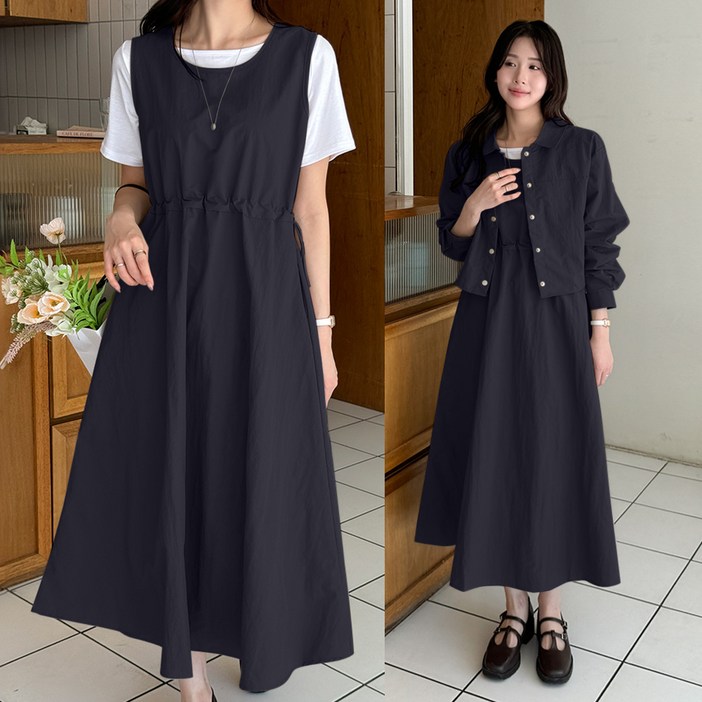 데일리앤 소버 바스락 자켓 A라인 민소매 스트링 셋업 원피스 코디세트 봄 여름 가을