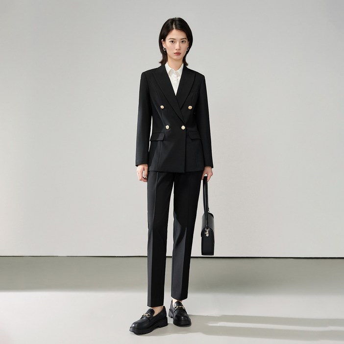 오피스 정장 투피스 여자세트 자켓+팬츠 데일리 출근 면접용 기본 블랙 새롭게 출시된 검정색 직업용 검은색 더블브레스트 여성 자켓 정장 세트 [가성비]