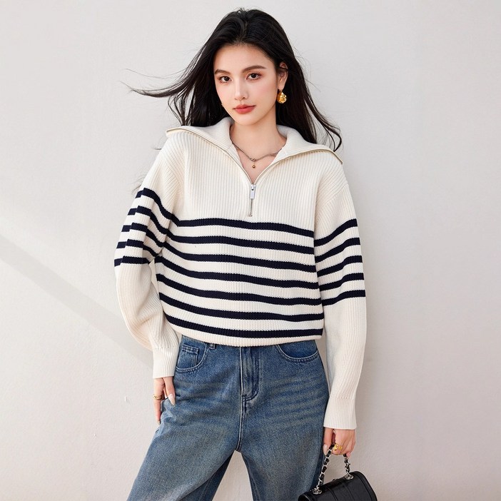 BLACK K7 프렌치 레트로 카라 여성용 배색 풀오버 반집업 스트라이프 니트