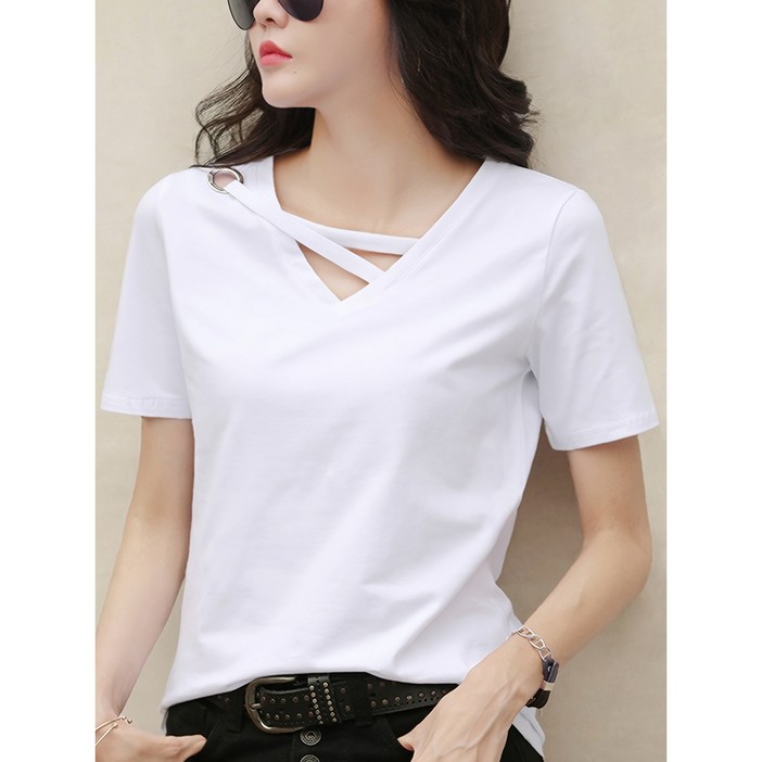 여름 신상 브이넥 반팔 캐주얼 티 상의