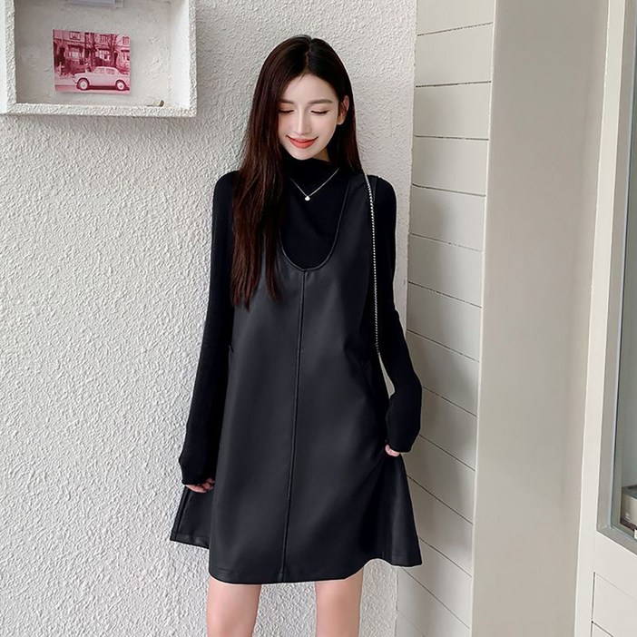 ROYALBELLE 여성 U넥 루즈핏 A라인 캐주얼 데일리 심플 베이직 편한 빅사이즈 패션 가죽 원피스 B0091508