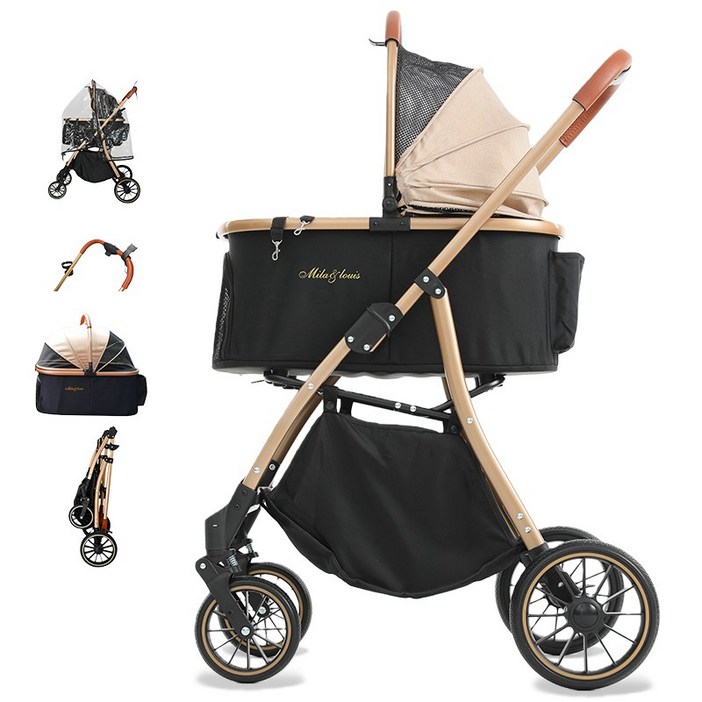 MILA&LOUIS 2025최신 강아지 유모차 애견유모차 원터치 퀵폴딩 강아지유모차 분리형 프리미엄 소중형견 접이식 개모차, 골드, 1개