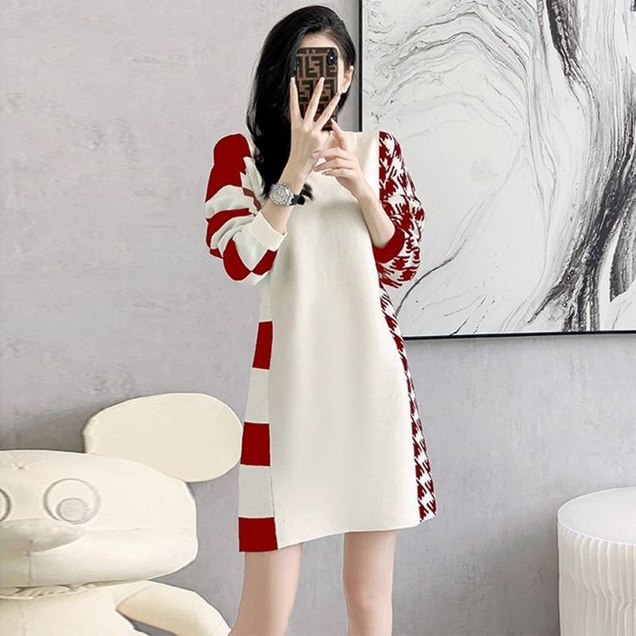 메인워크 여성 라운드넥 긴팔 니트 트위드 원피스 가을겨울 데일리 이너 일자 하객룩 큐티 스커트