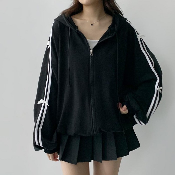 아방핏 데이지클로젯 보앤 리본 두줄 오버핏 후드집업  봄 가을 간절기 긴팔 학생 투웨이 아우터 교복템 루즈핏 빅사이즈 트랙 여성 여자 박스핏 남녀공용 귀여운 기본템 데일리룩