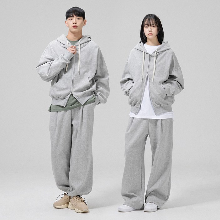SET 그랜피니 남여공용 프리미엄 특양면 베이직 무지 투웨이 스웻 오버핏 테리 후드집업 원턱 밴딩 스트링 와이드 조거 트레이닝 밴딩 팬츠 세트