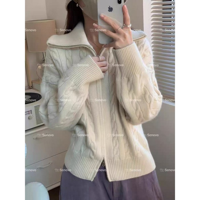 코지엘바 여성 겨울 케이블 니트 꽈배기 캐시미어 카라 집업 가디건