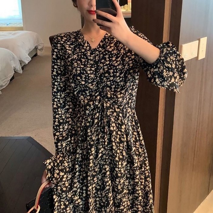 삼제태전 가을 여성 긴소매 루즈핏 프린트 기모 보온 미디 기장 패션 원피스