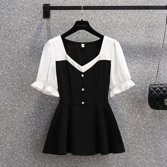 AB812 배색 페플럼 블라우스