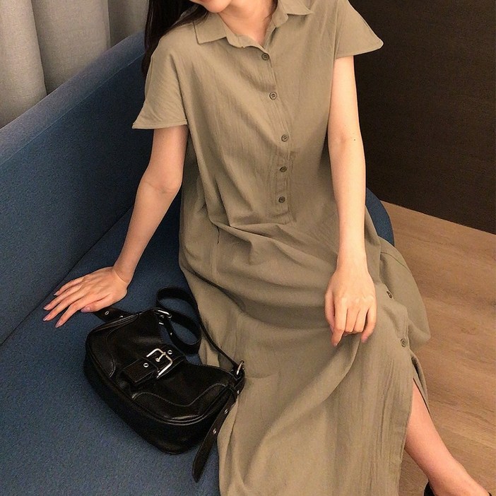 메이징 여성 넥카라 버튼 백라인 셔링 원피스