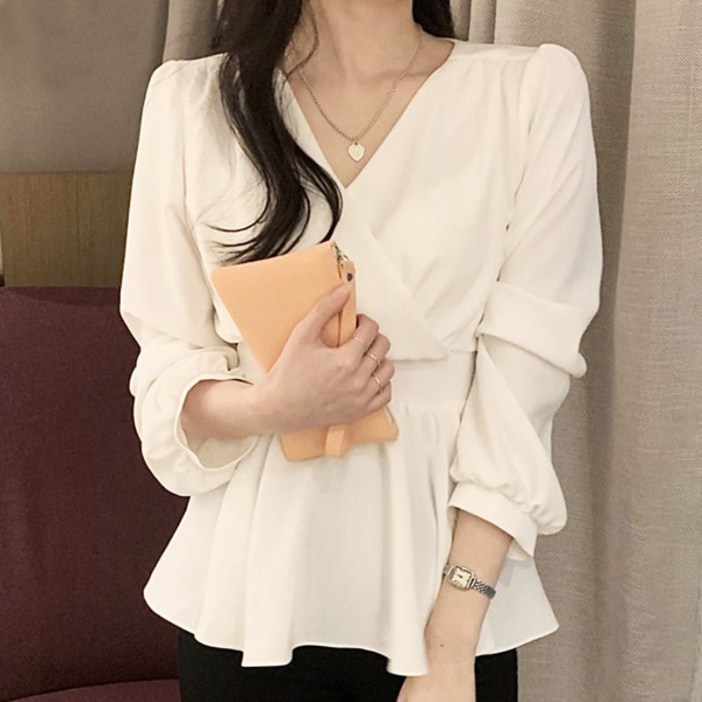 라라홀리 로맨틱 랩스타일 브이넥 허리끈 플레어 쉬폰 블라우스