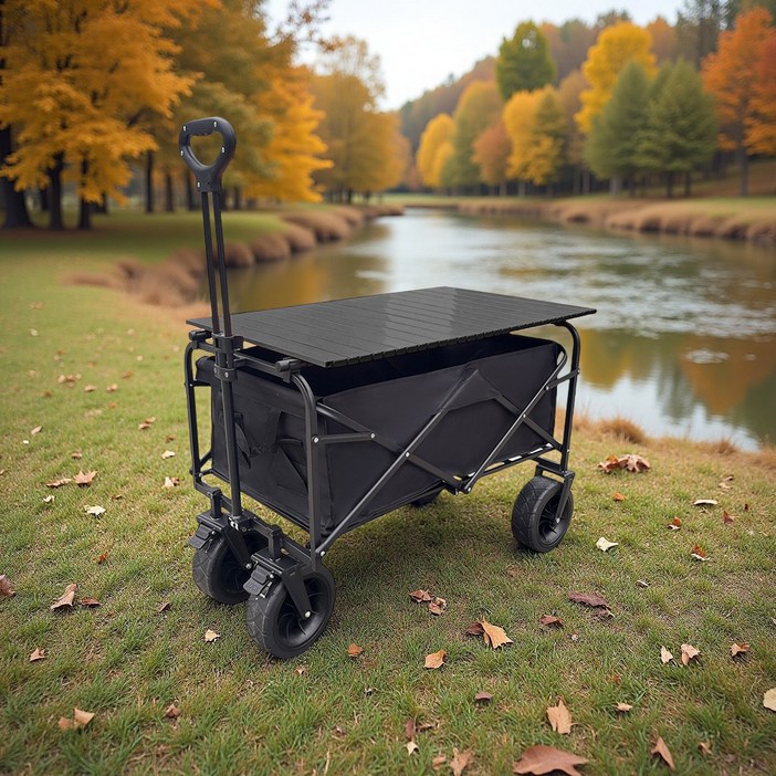 MoCaLiLi 캠핑웨건 접이식 다용도 캠핑카 + 휴대용 테이블, 1개, 블랙+85.5*52.7cm 테이블보드