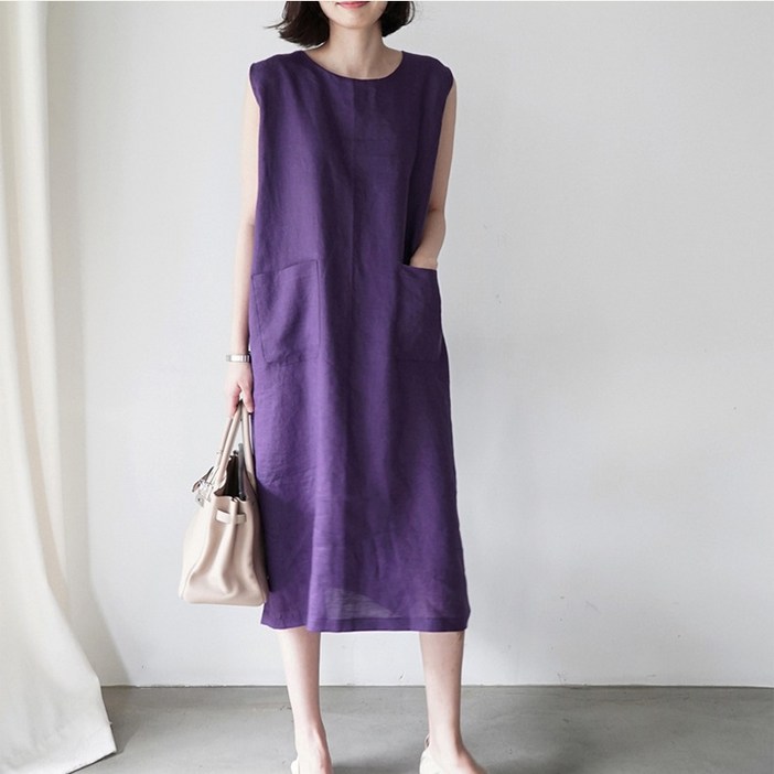 크레스티 여성 시원한 민소매 린넨 원피스 빈티지 라운드넥 티셔츠 루즈핏 나시 여름 원피스