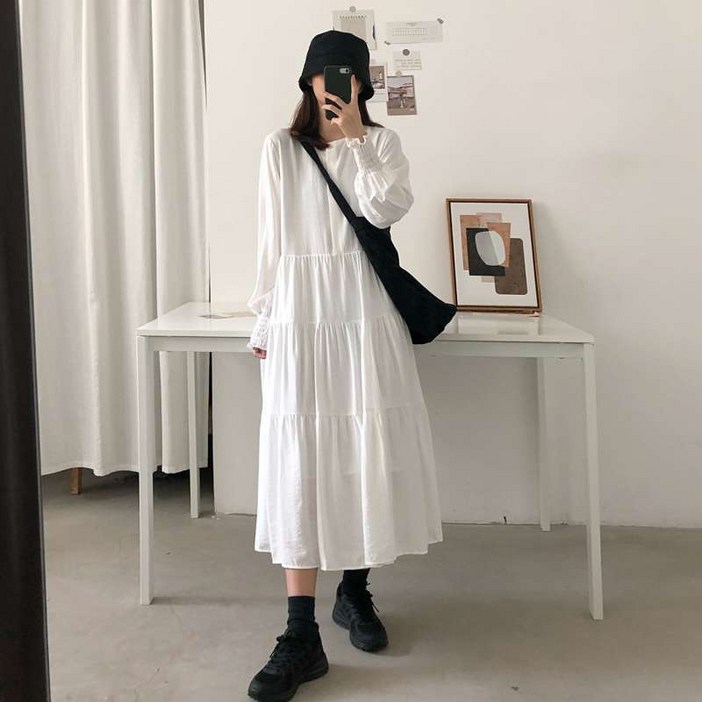 해피유통 여성 레이어드 무지 시플 이너 긴팔 원피스 jhn