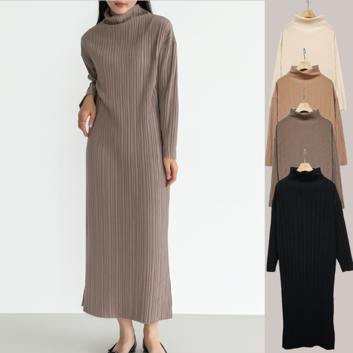 LIONHU [국내제작] 여성 하이넥 플리츠 롱원피스 루즈핏 주름  반폴라 데일리룩