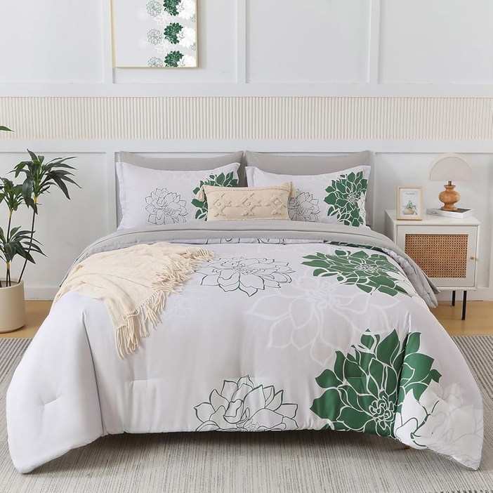 엘르윈스 킹 사이즈 이불 세트 가방에 7개 침대, 퍼플 화이트 모던 우아한 플로럴 패턴 그레이 침구 세트, 시트 세트가 있는 소프트 마이크로파이버 이불, 올 시즌 침대 세트퍼플