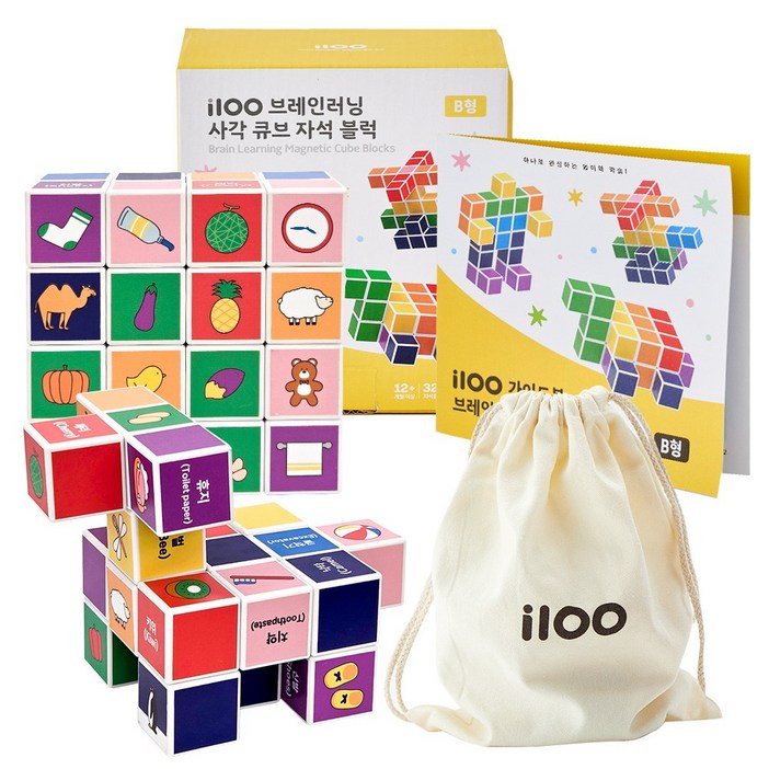 아이백 i100 브레인러닝 사각 큐브 자석블럭 [B형] 32pcs + 가이드북 + 파우치, B형, 1세트