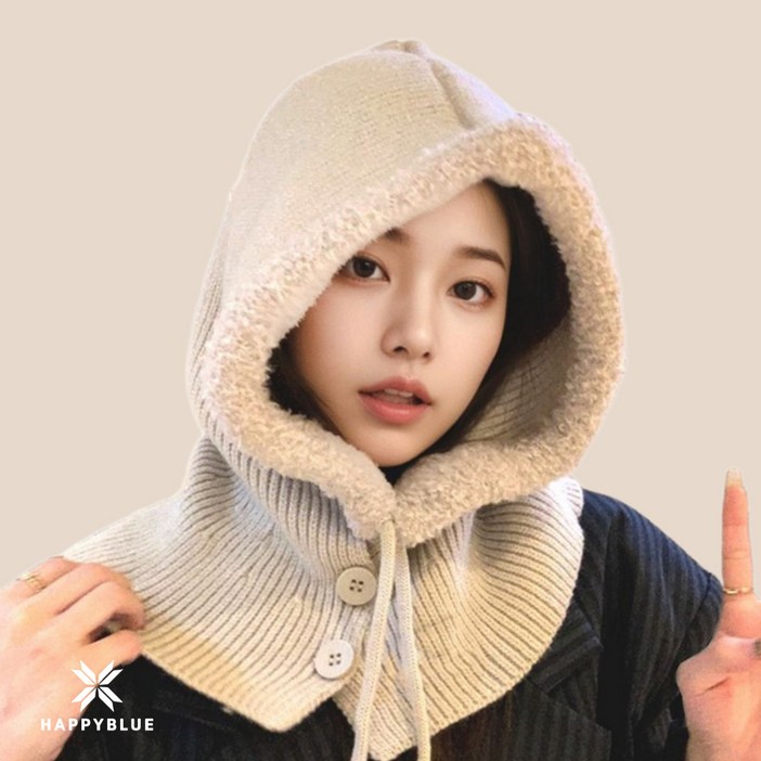 해피블루 오버핏 바라클라바 니트 후드 넥워머