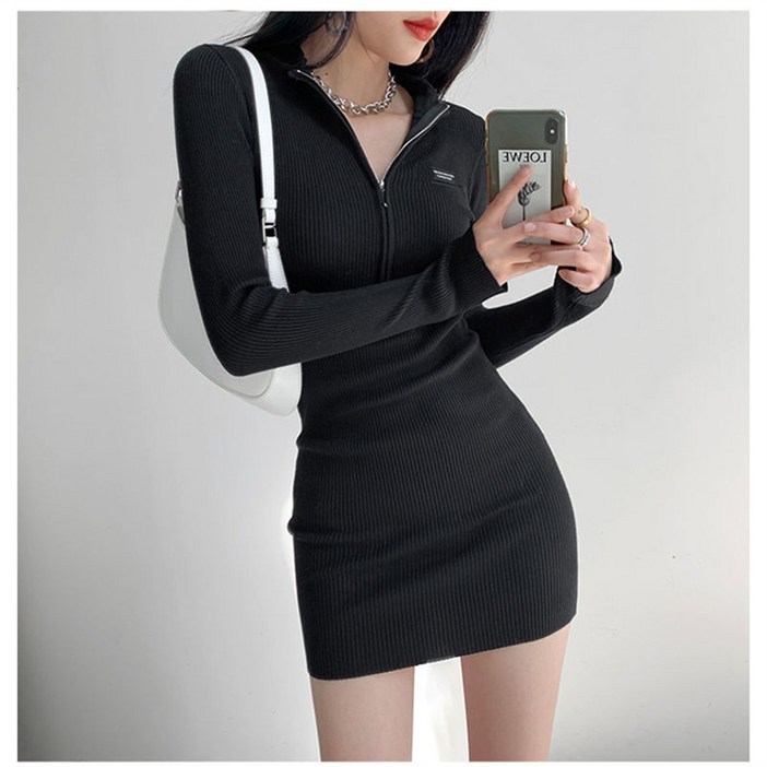 꽃소담 여성 봄 슬림핏 니트 원피스 간절기 긴팔 미니 니트 원피스