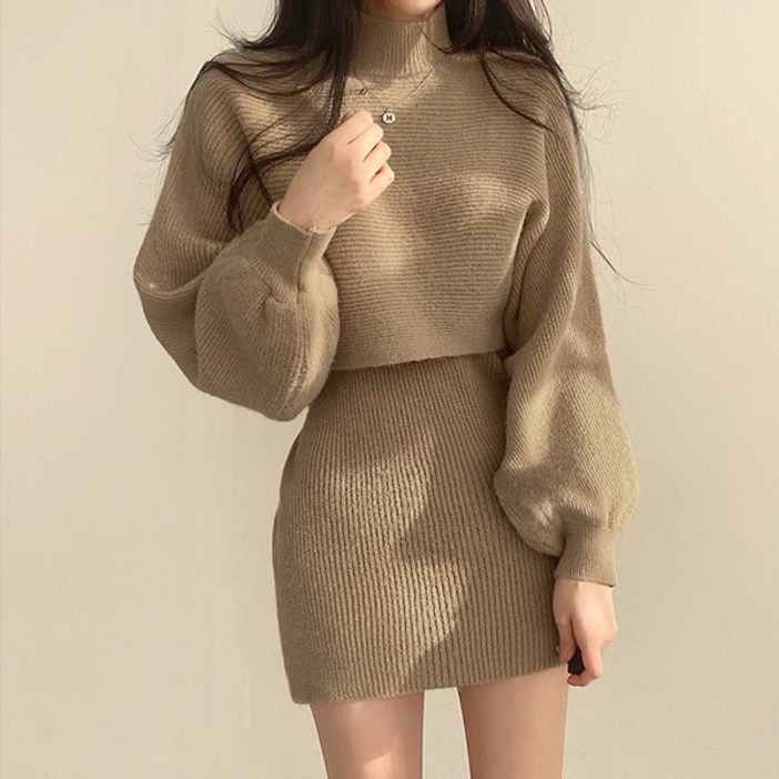 라라홀리 로맨틱 터틀넥 볼레로 니트 골지 원피스 세트