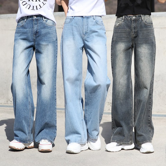 동대문스타일 여자청바지 뒷밴딩 와이드 데님 S2XL 빅사이즈 워싱 통청바지 3단기장 사계절 청바지