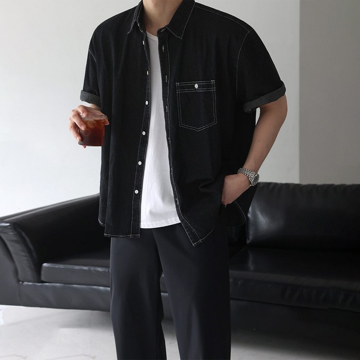 베이직바이블 생지 데님 스티치 오버핏 반팔 셔츠2color