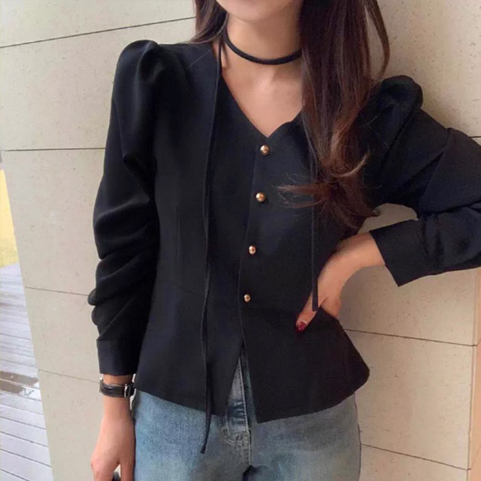 라라홀리 페플럼 타이 머플러 끈 우아핏 브이넥 블라우스