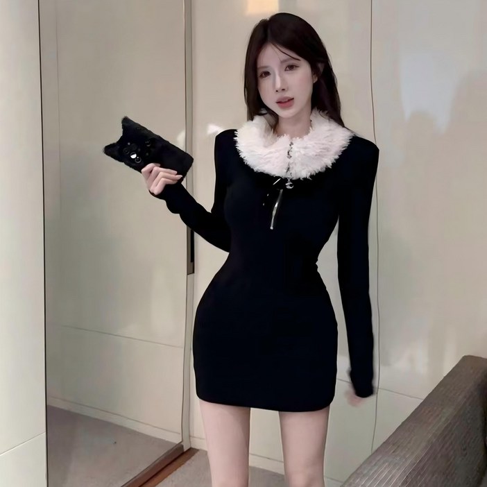 Couchsurfing 여성 슬림핏 퍼 트리밍 카라 미니원피스 JY344