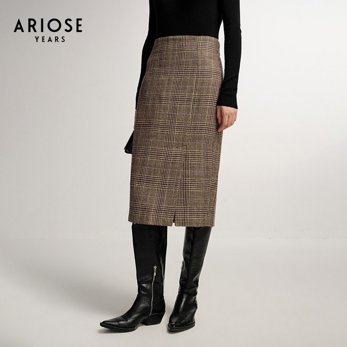 에노스야시 겨울용 여성용 H라인 트임 미디 체크 스커트