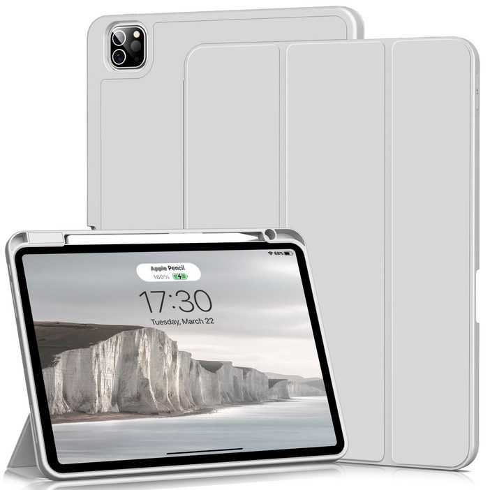 AOUB iPad 보호 케이스, 펜 슬롯이 있는,전체 커버리지, 낙하 방지 및 굽힘 방지, 정밀한 구멍 위치, 지능형 절전 및 깨우기, 회색, 1개