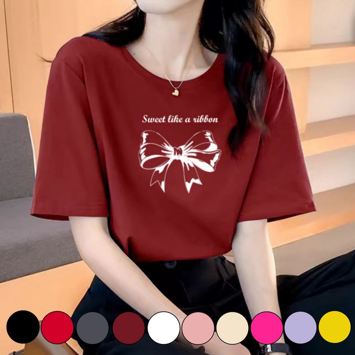 그리내 여성 라운드넥 여름 예쁜 리본 프린팅 시원한 반팔티 커플티 캐릭터 이너 홈웨어 프린팅 티셔츠