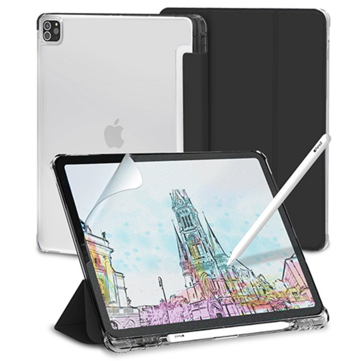 신지모루 클리어 애플펜슬 수납 태블릿PC 케이스  종이질감 액정보호 필름 세트, 블랙