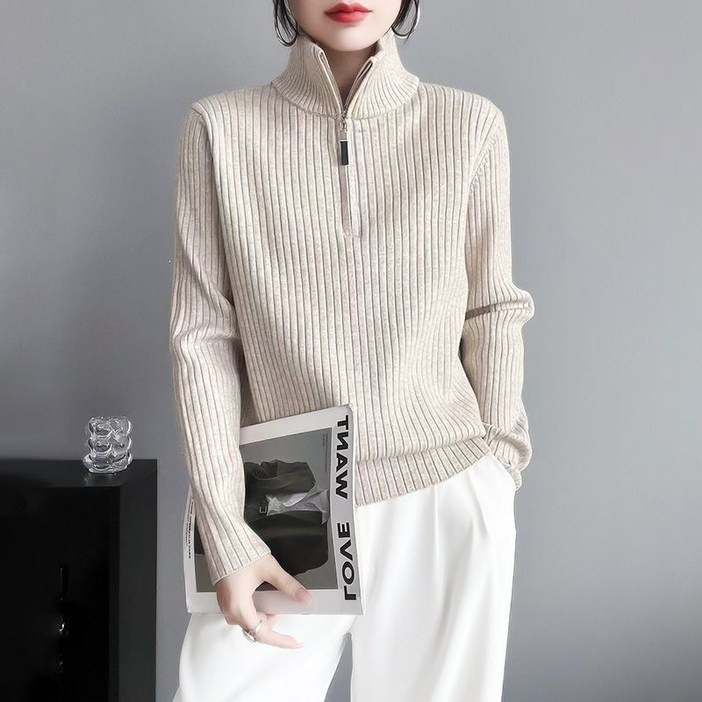 해피유통여성 가을겨울 니트 하이넥 긴팔 티셔츠 간편 지퍼 수납 XG26