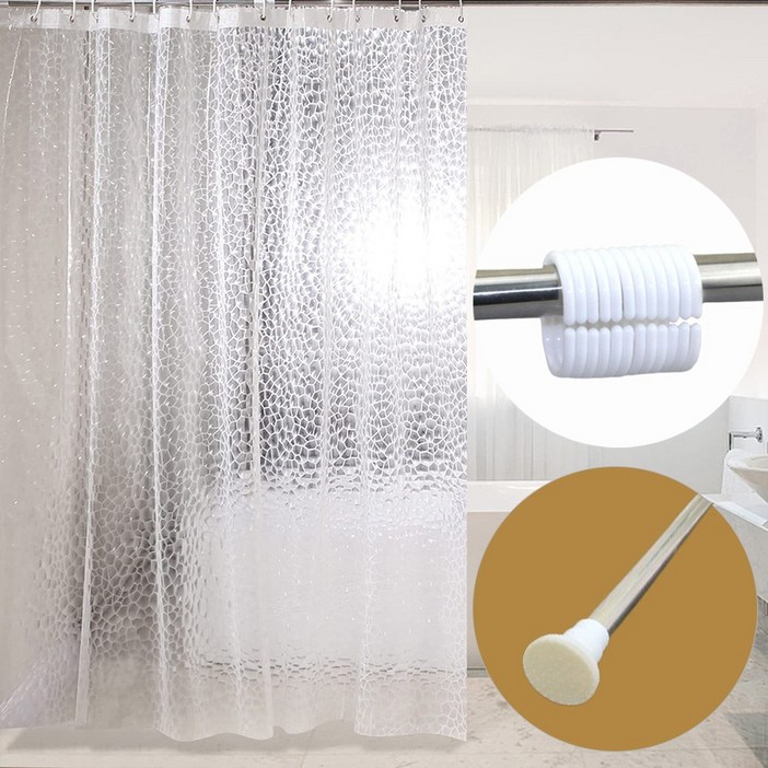 앞날앤 무타공 욕실 방수 샤워커튼  커튼링  커튼봉 세트, 큐브