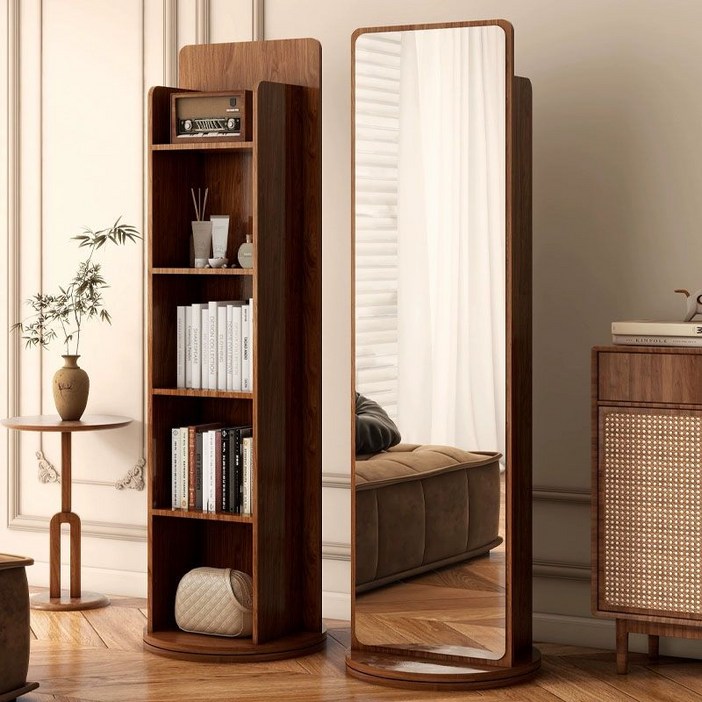 BYOU 원목 전신거울 인테리어 전신거울 360도 양쪽 회전 4단책장