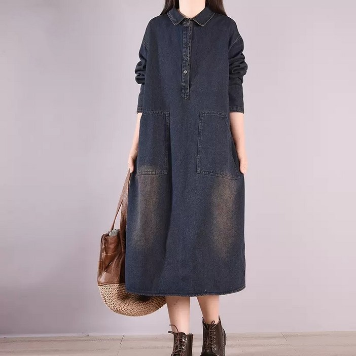 POMTOR 여성 루즈핏 롱슬리브 포켓 데님 원피스