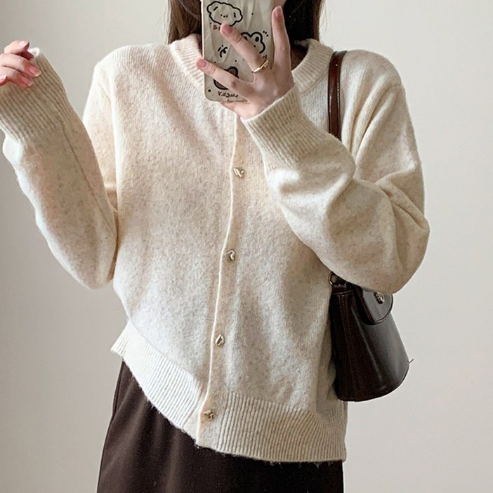 cammello 여성 하트 버튼 라운드넥 베이직 가디건 간절기 니트 티셔츠