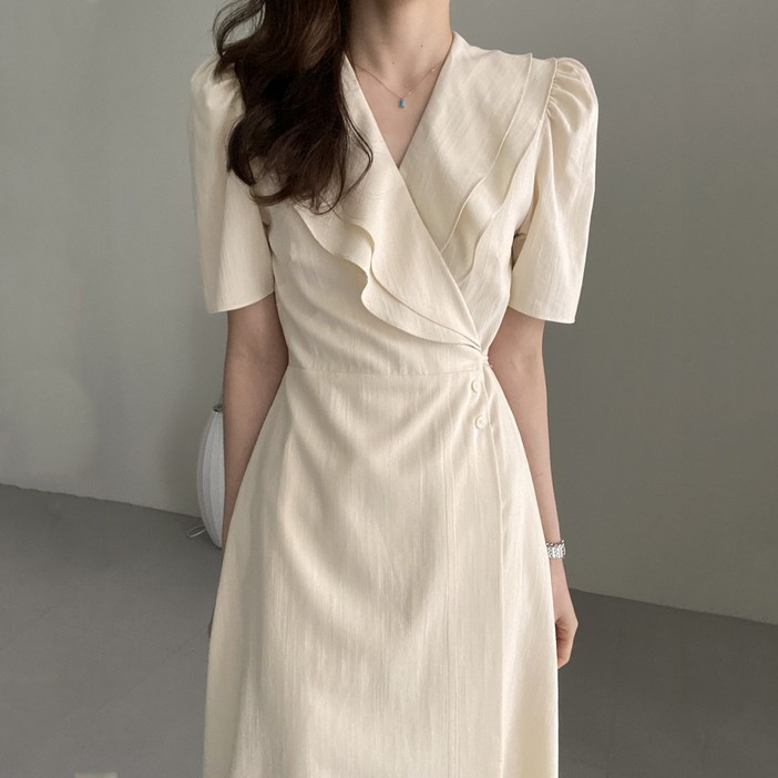 예쁨시전 우아한 웨이브셔링 퍼프 반팔 사이드 랩 롱 원피스