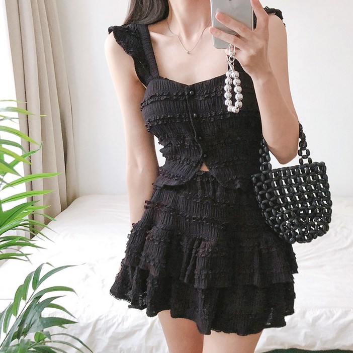 요시아나 [당일발송] 여리여리핏 엘로나 레이스 나시 크롭 블라우스 미니스커트 투피스 세트 2컬러