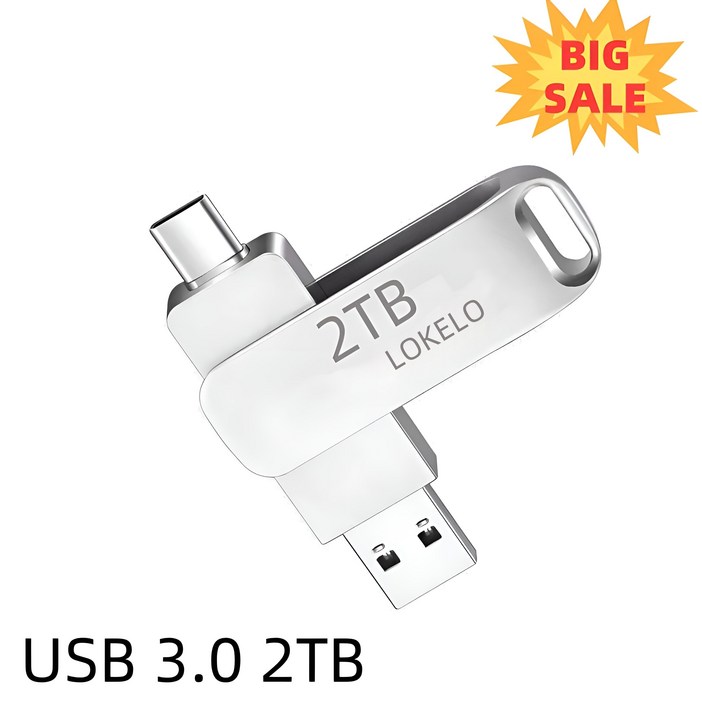 LOKELO <회전 덮개형 방수> 고품질 USB 3.0 2TB 대용량 플래시 실버 usb 메모리 360도 회전식 Type-C 2TB 외장하드 대용량 초고속 휴대용 저장장치