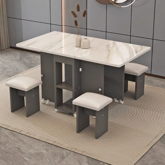 코에리브 접이식 아일랜드 확장형 4인용 식탁 테이블 세트, 1. 화이트 모조 설산그레이