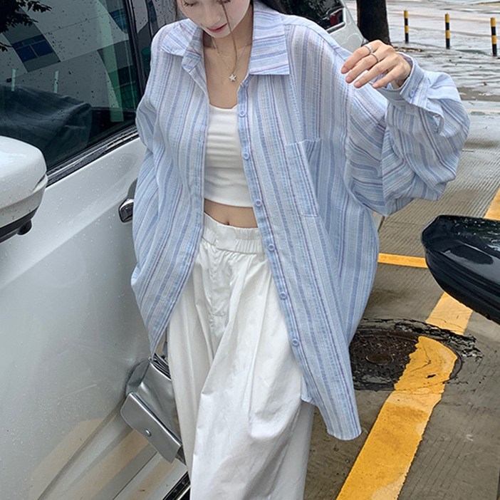 쌍천 여름 자외선차단 셔츠 데일리 여자 루즈핏 스트라이프 긴팔셔츠 빅사이즈