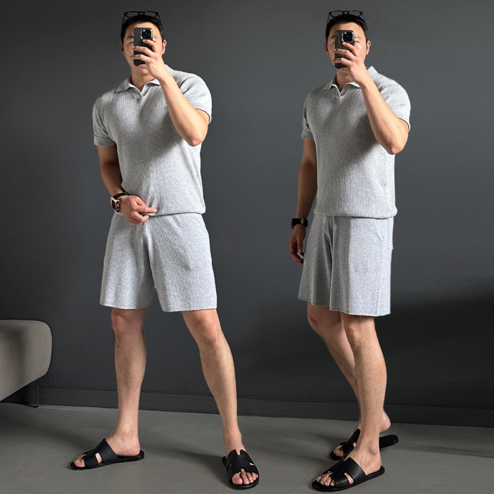 니트세트 램블 골지 린넨 스판 워셔블 니트반바지 반팔카라니트 여름 셋업