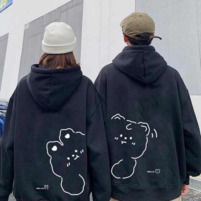봄 가을 러블리 커플룩 남녀 오버핏 곰돌이 후드티  캐릭터 커플 맨투맨 스타일리시 오버핏