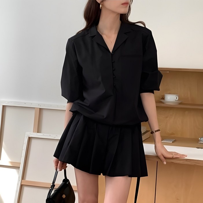 레티고 꾸안꾸 박시 여친룩 플리츠 스트링 셔츠 원피스