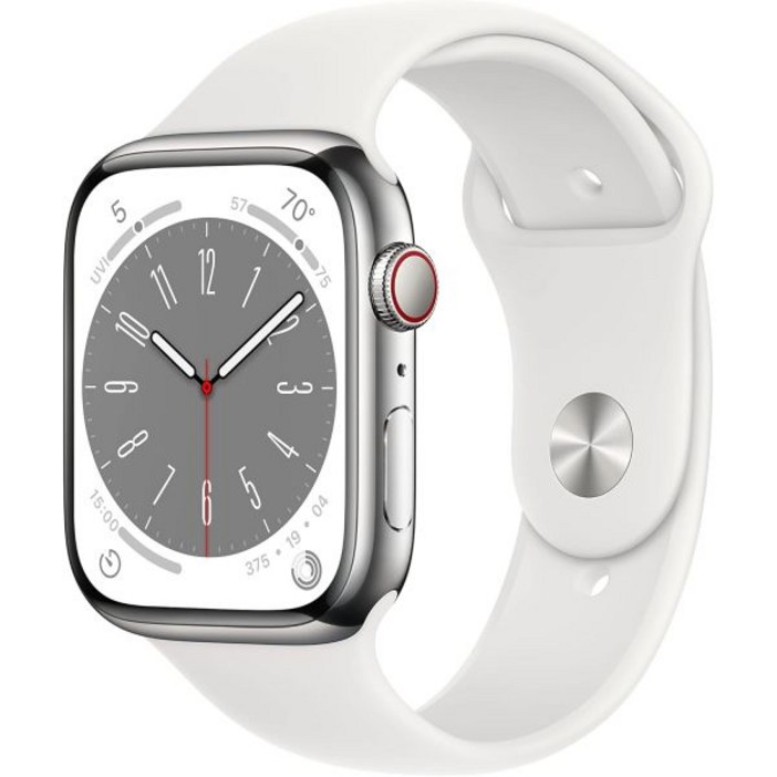 Apple Watch 시리즈 8(GPS + 셀룰러, 45MM) 실버 스테인리스 스틸 케이스(화이트 스포츠 밴드 포함)(갱신)